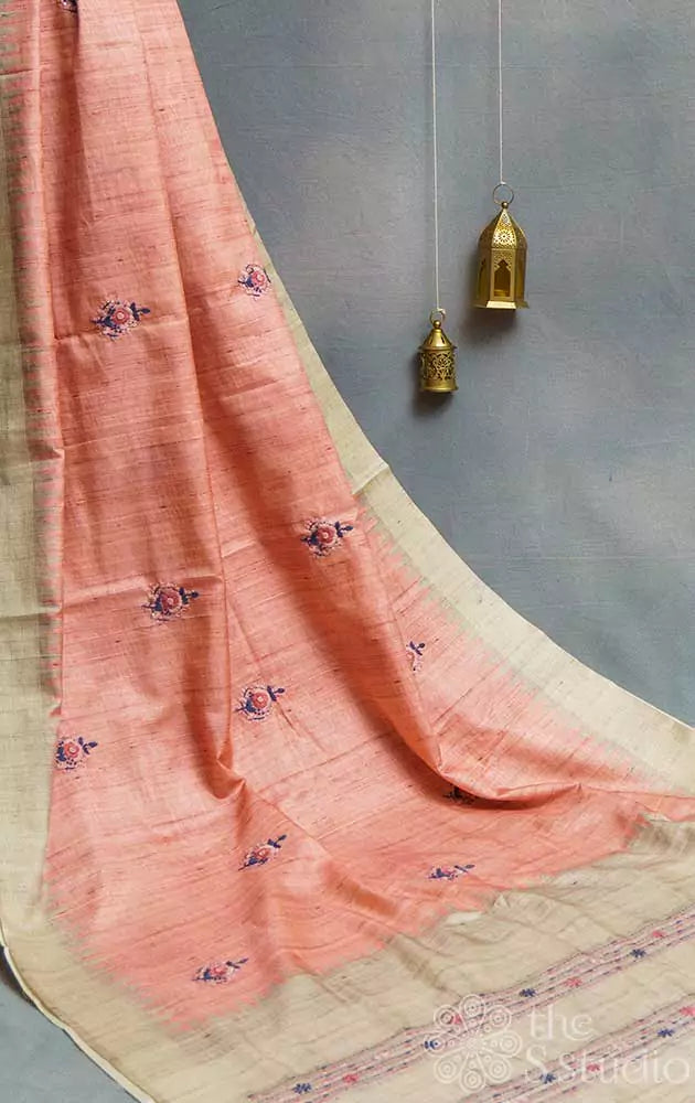 Peach semi tussar saree with kantha embroidery