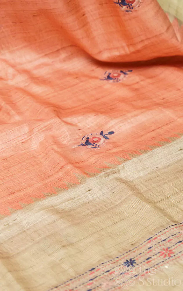 Peach semi tussar saree with kantha embroidery