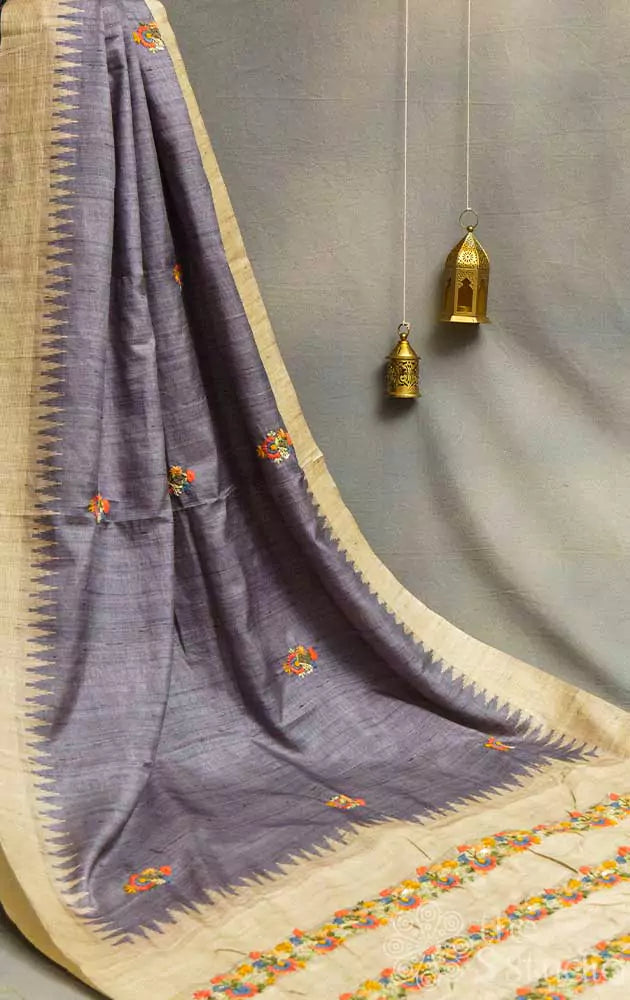 Grey semi tussar saree with multi colour hand embroidery