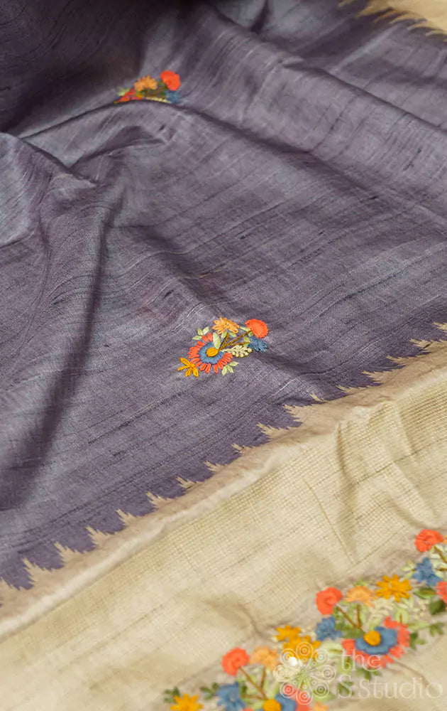 Grey semi tussar saree with multi colour hand embroidery