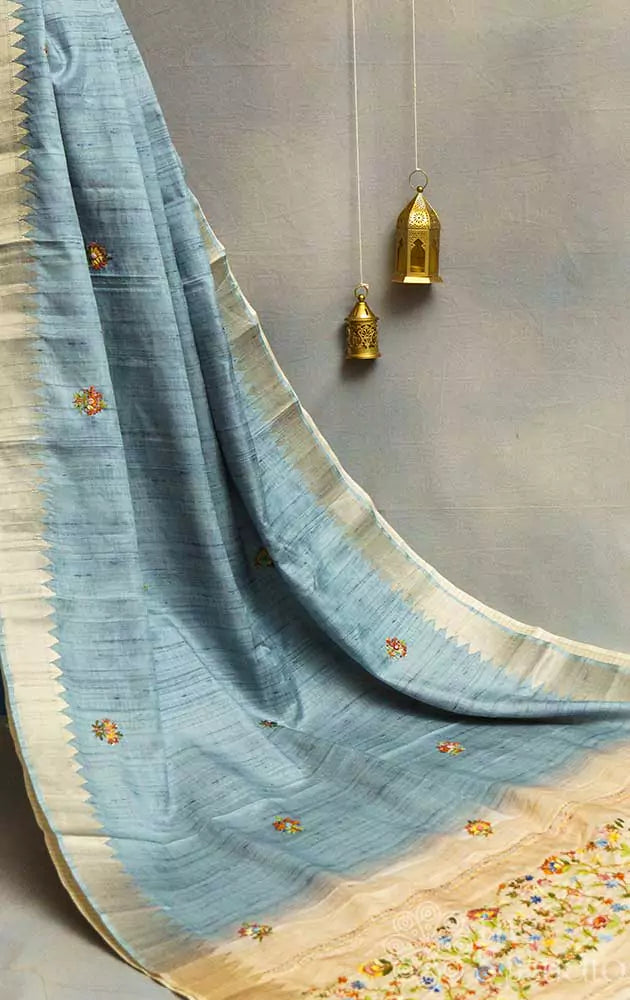 Ash blue semi tussar saree with multi colour floral embroidery