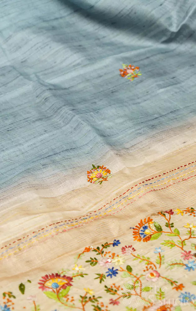 Ash blue semi tussar saree with multi colour floral embroidery