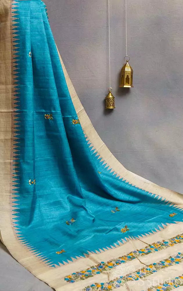 Blue semi tussar saree with floral embroidery