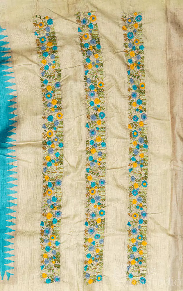 Blue semi tussar saree with floral embroidery