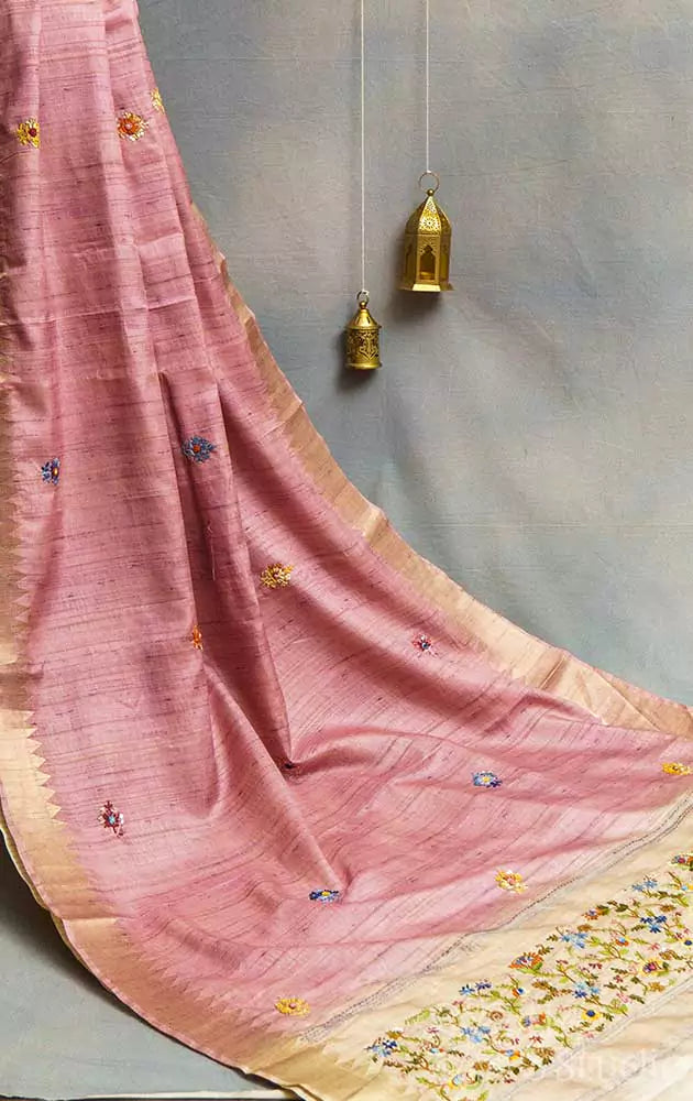 Salmon pink semi tussar saree with multi colour hand embroidery