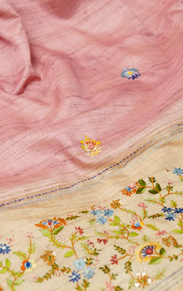 Salmon pink semi tussar saree with multi colour hand embroidery