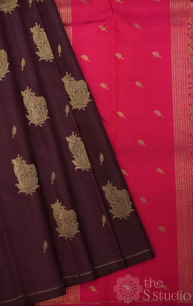 Brown kanchipuram silk saree with pichwai cow zari motifs