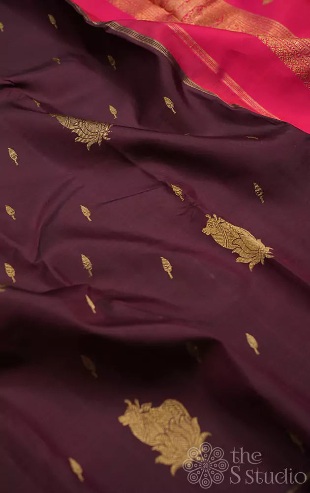 Brown kanchipuram silk saree with pichwai cow zari motifs