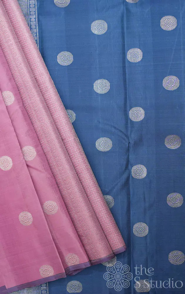 Light pink silver zari partly pallu kanchi silk saree with bluish grey pallu