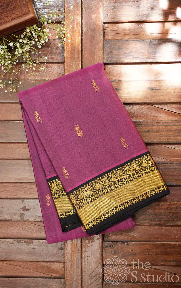 Dark onion pink kanchipuram silk saree with black border