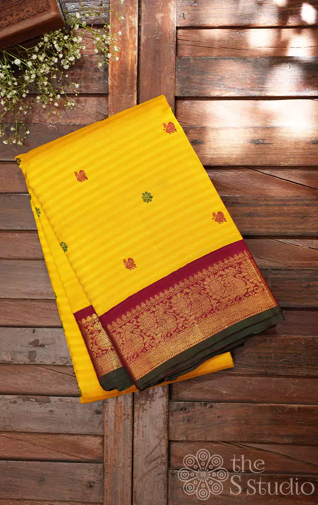 Sunflower Yellow kanchi silk saree  with korvai maroon border