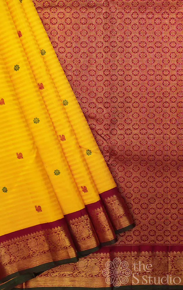 Sunflower Yellow kanchi silk saree  with korvai maroon border