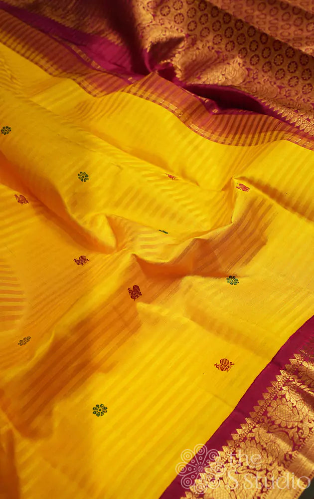 Sunflower Yellow kanchi silk saree  with korvai maroon border