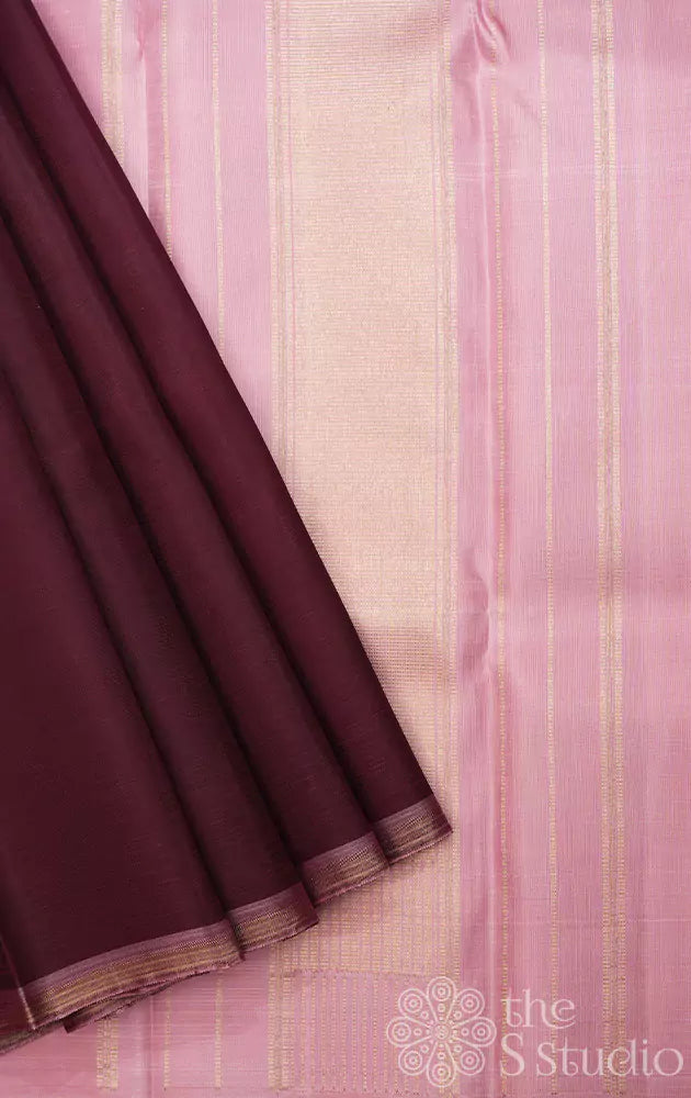 Maroon plain kanchi silk saree with onion pink pallu