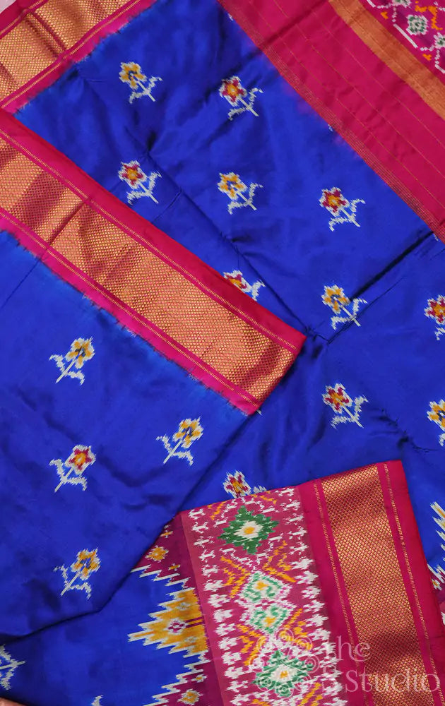 Royal blue ikkat silk saree with floral weaving