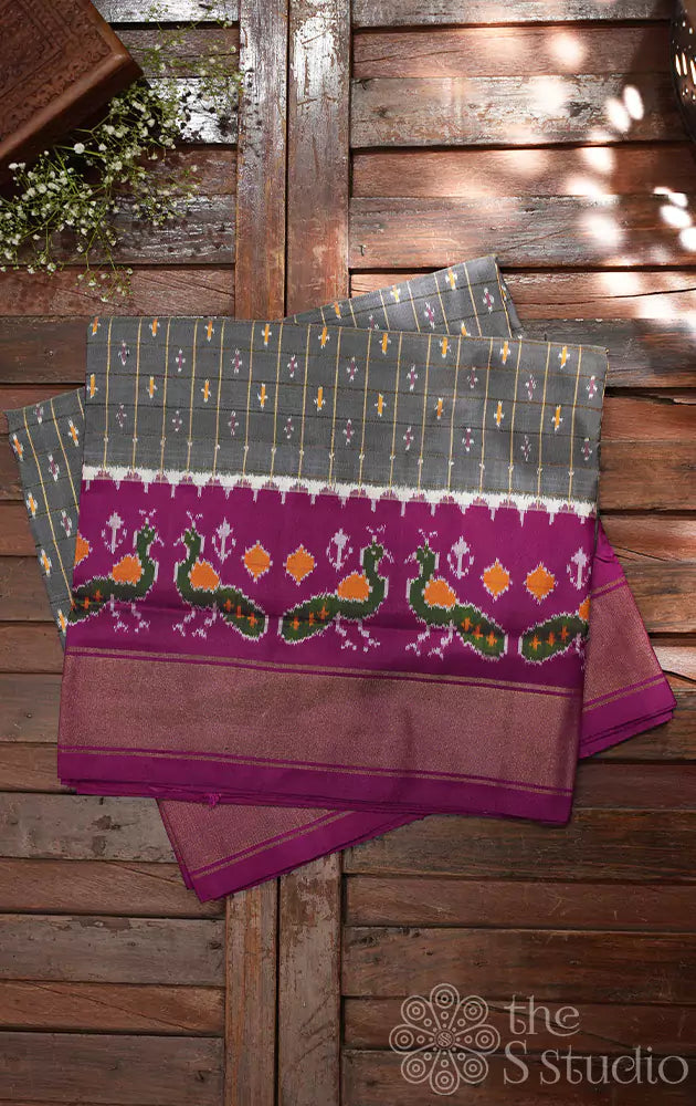 Grey ikkat silk saree with purple border