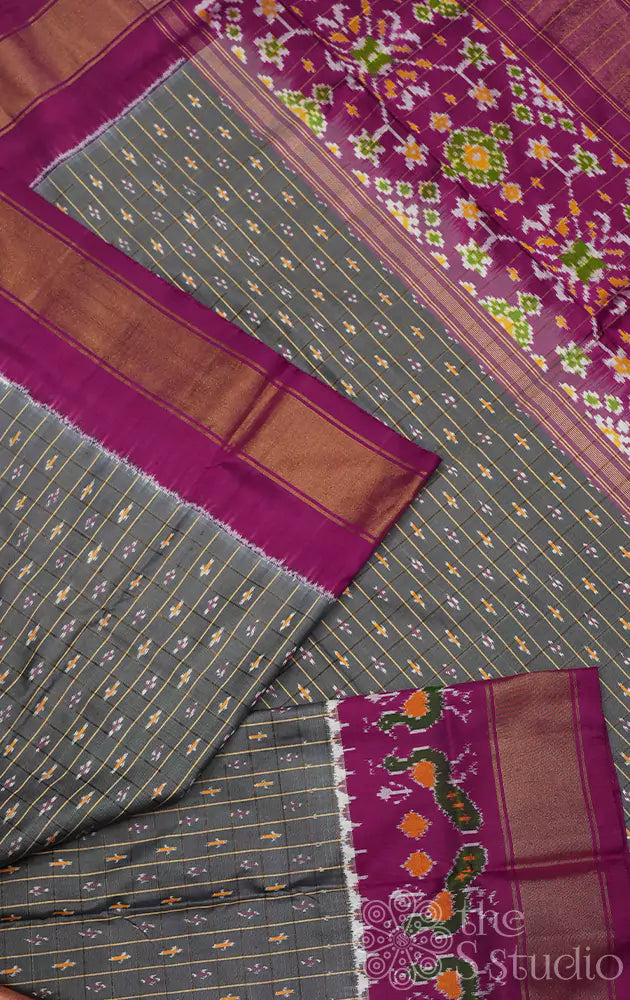 Grey ikkat silk saree with purple border