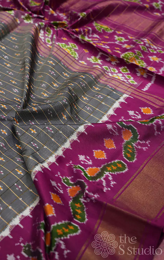 Grey ikkat silk saree with purple border