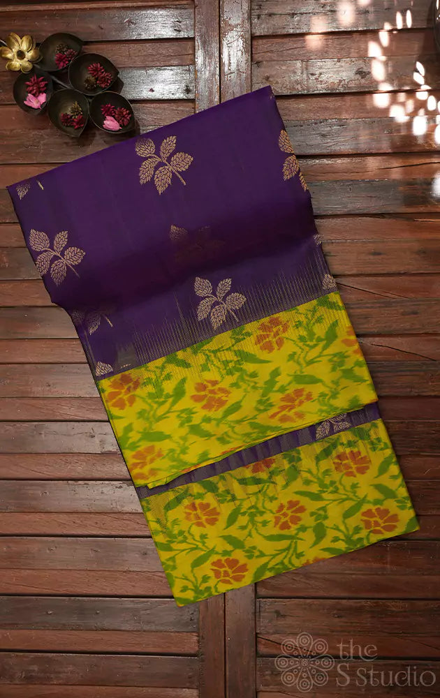 Violet soft silk saree with lime green ikat woven border