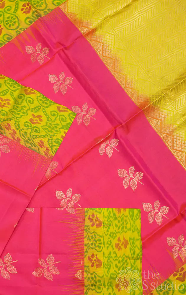 Reddish peach soft silk saree with lime green ikat woven border