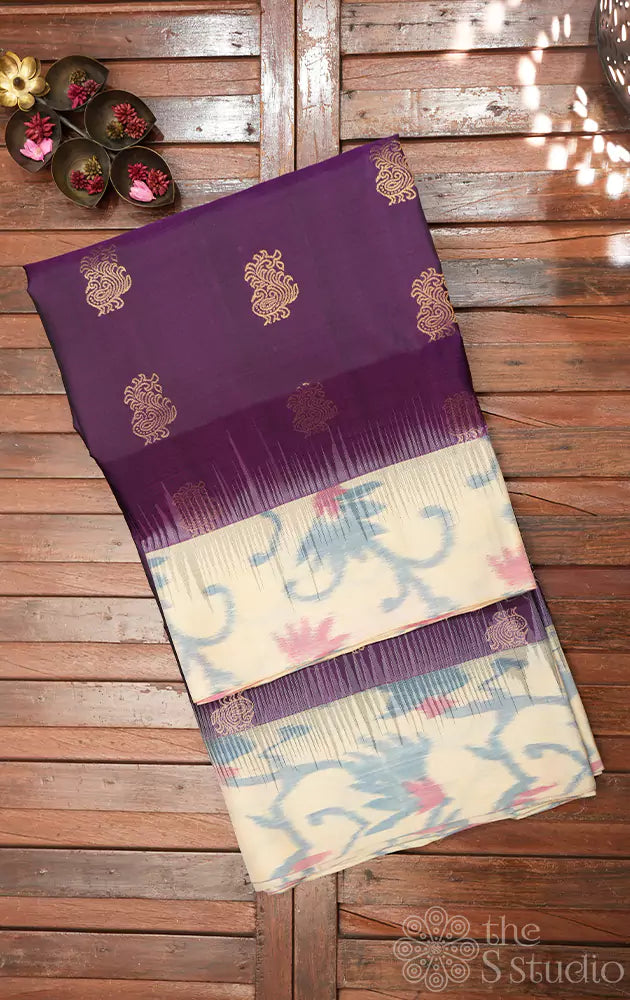 Violet soft silk saree with off white ikkat woven border