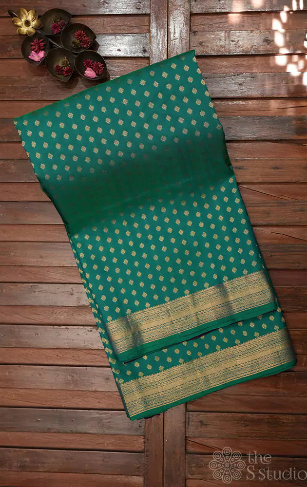 Peacock green soft silk saree with violet pallu