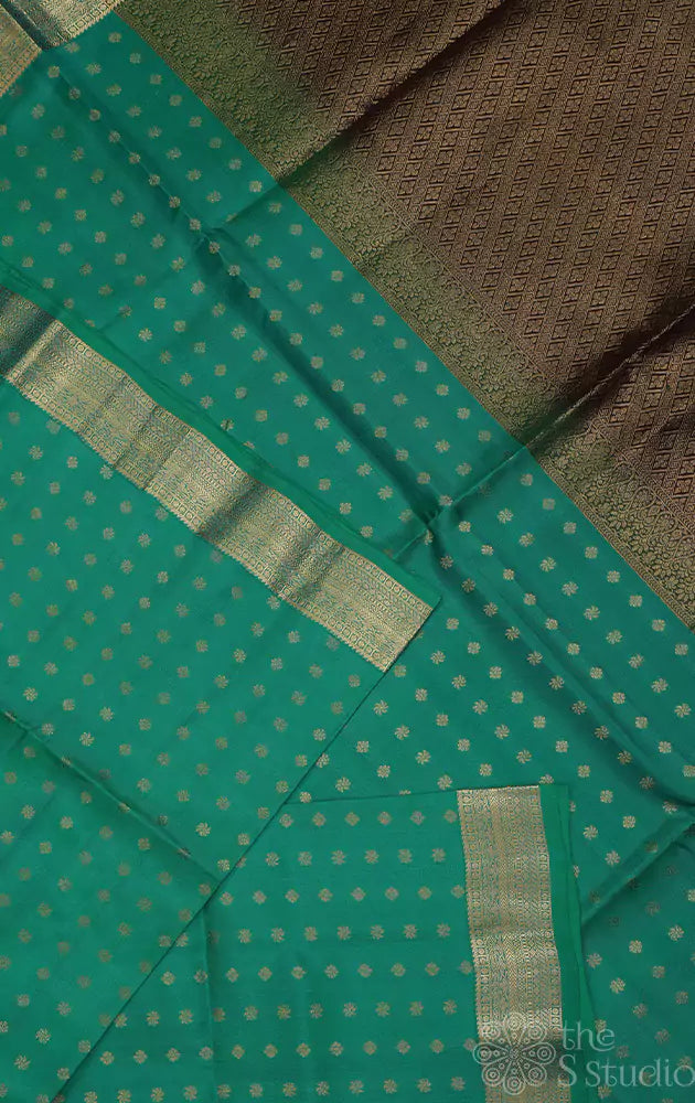 Teal green soft silk saree with small zari buttas