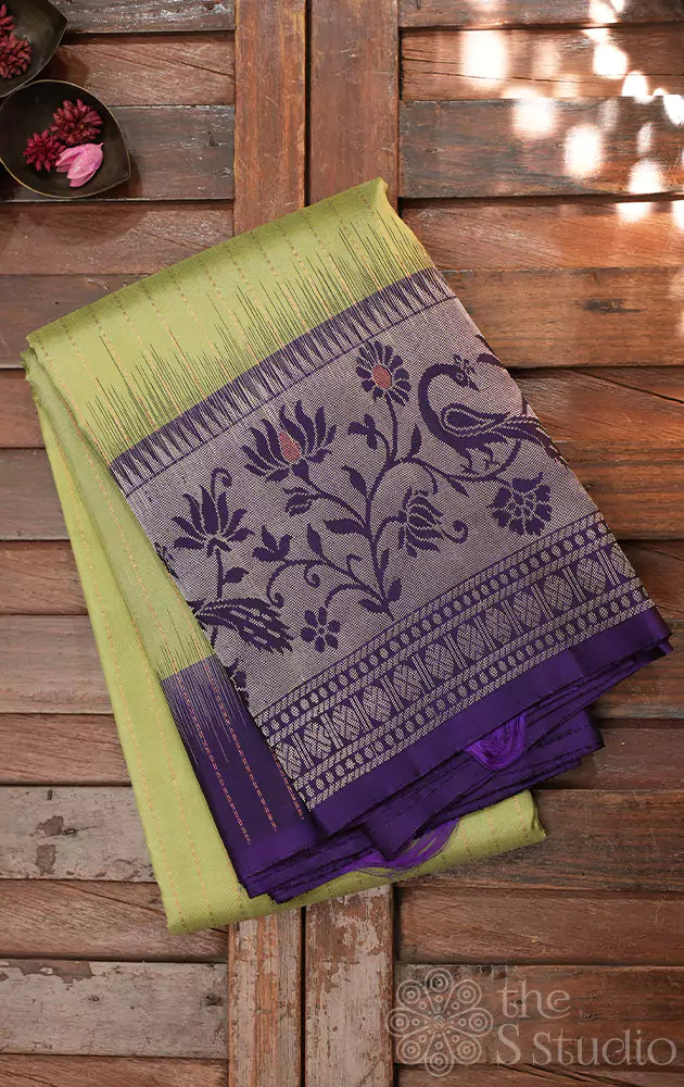 Pista green soft silk saree with paithani zari woven border