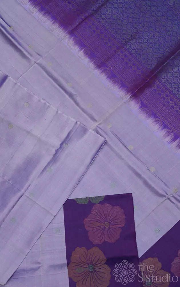 Lavender soft silk saree with violet hisbiscus zari woven border