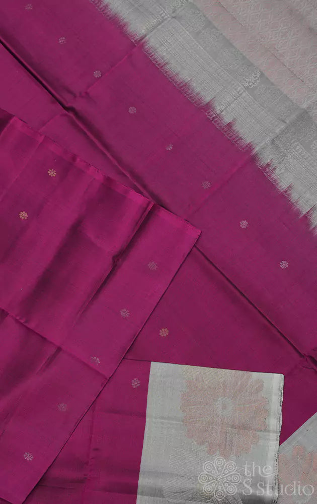 Magenta soft silk saree with grey floral border