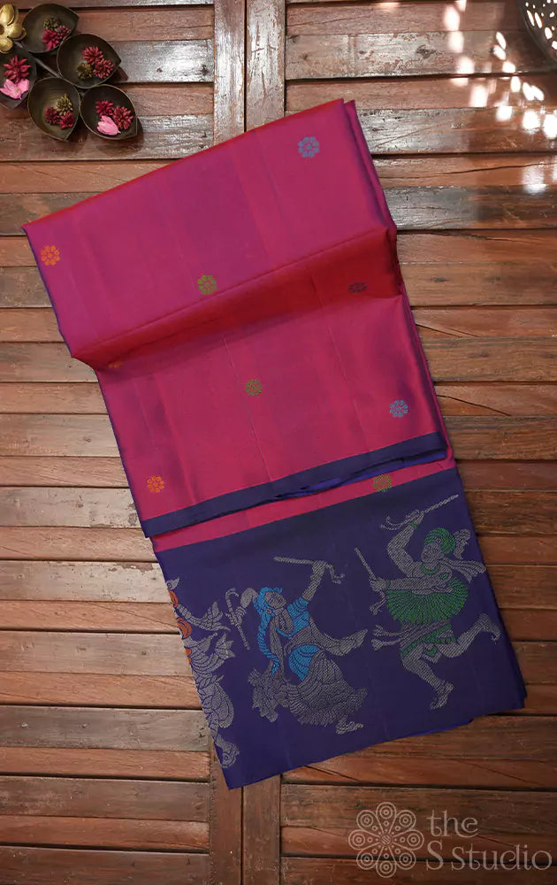 Magenta soft silk saree with navy blue border