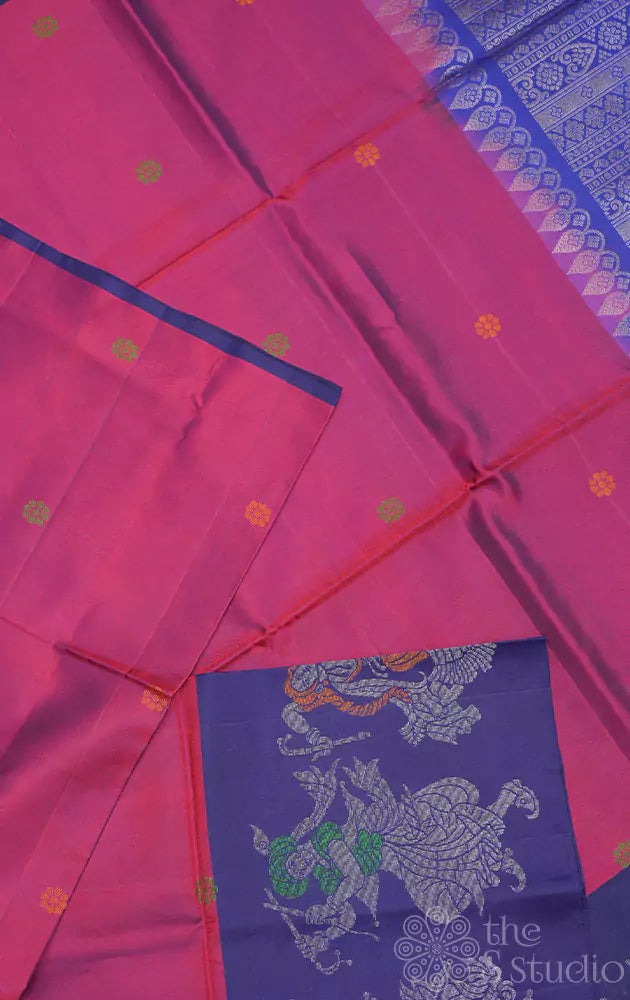 Magenta soft silk saree with navy blue border