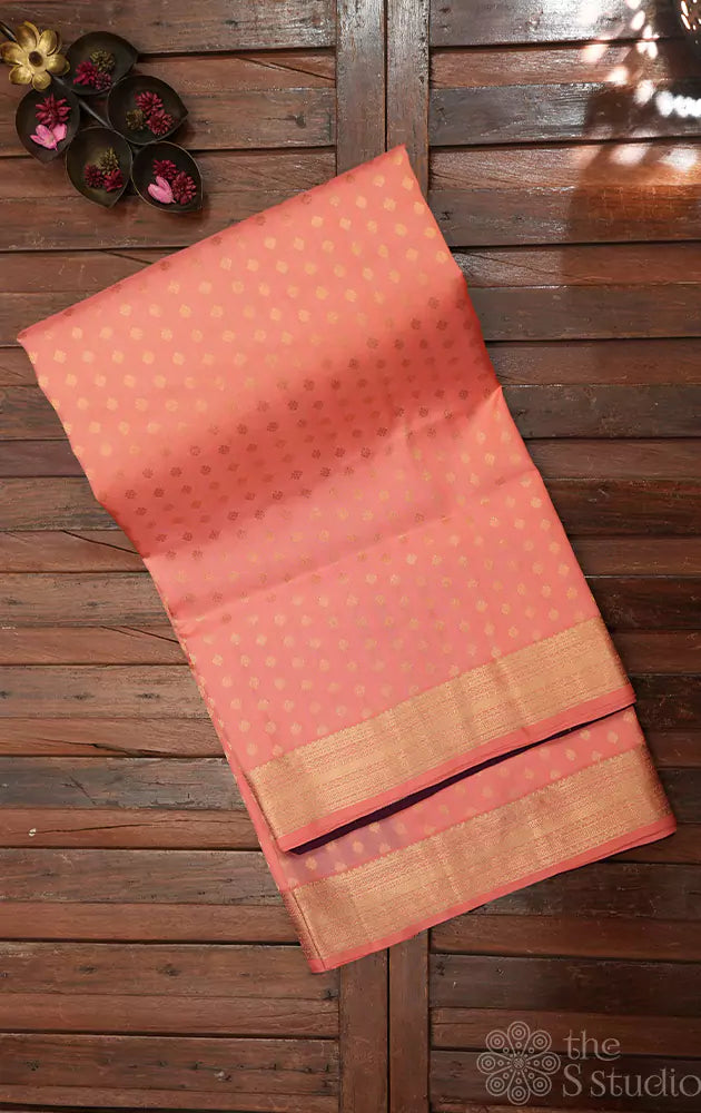 Peach soft silk saree with purple pallu