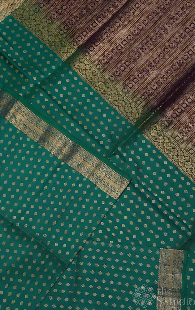 Peacock green soft silk saree with violet pallu