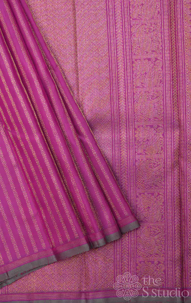 Magenta kanchipuram silk saree with vertical golden zari lines