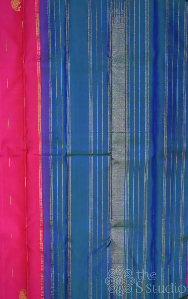 Rani pink kanchi silk saree with paisley zari motifs along the border