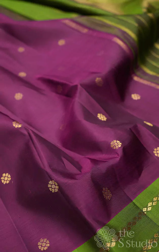 Purple kanchipuram silk saree with kamalam butta and contrast border and pallu