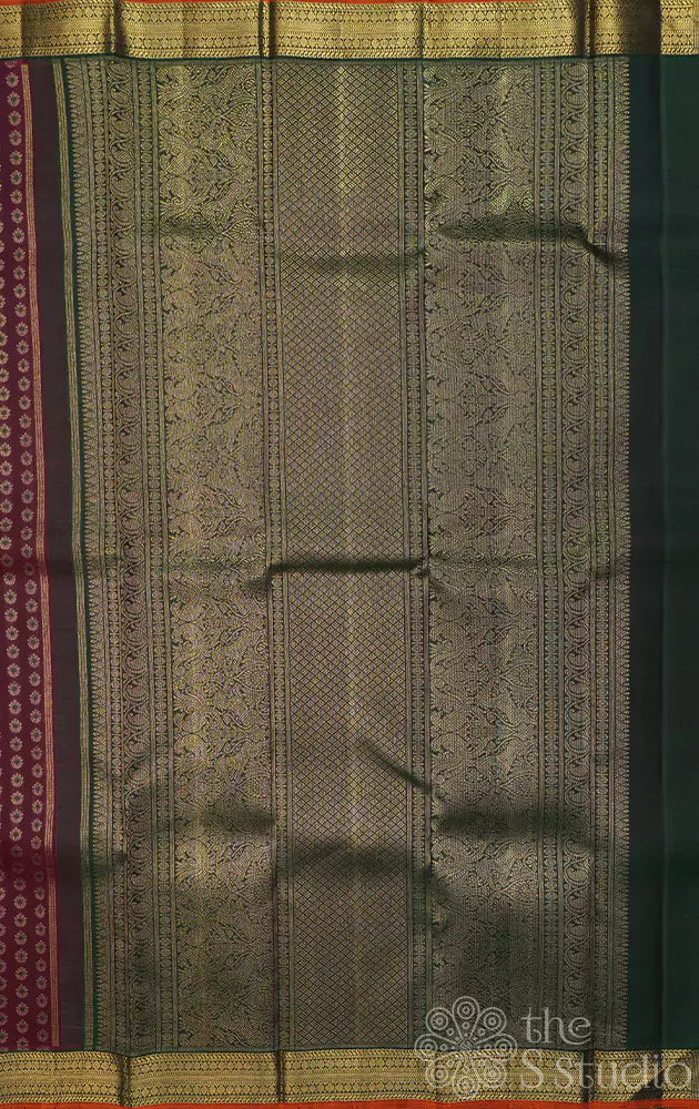 Maroon kanjivaram silk saree with small zari buttas and green border