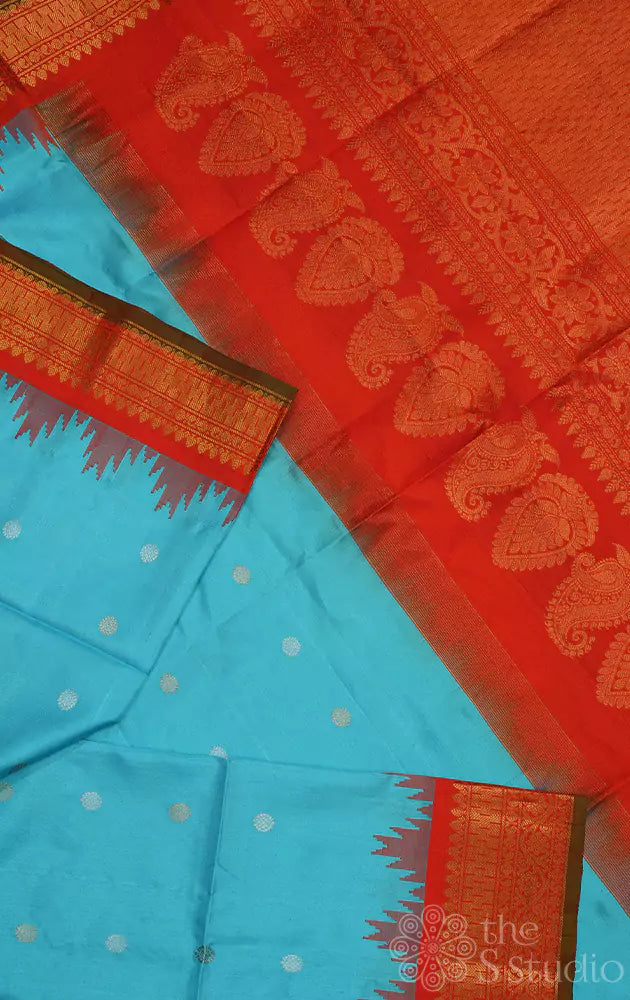 Blue gadwal silk saree with red border