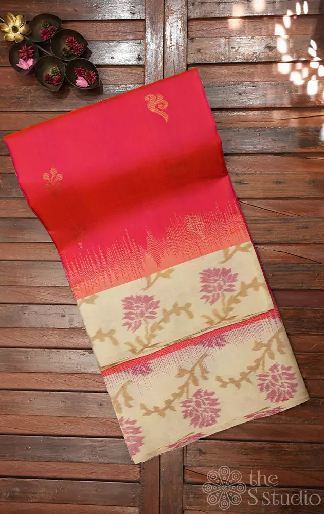 Peach soft silk saree with off white floral ikkat woven border