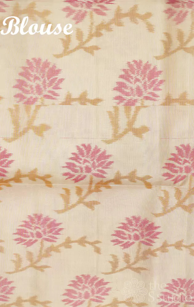 Peach soft silk saree with off white floral ikkat woven border