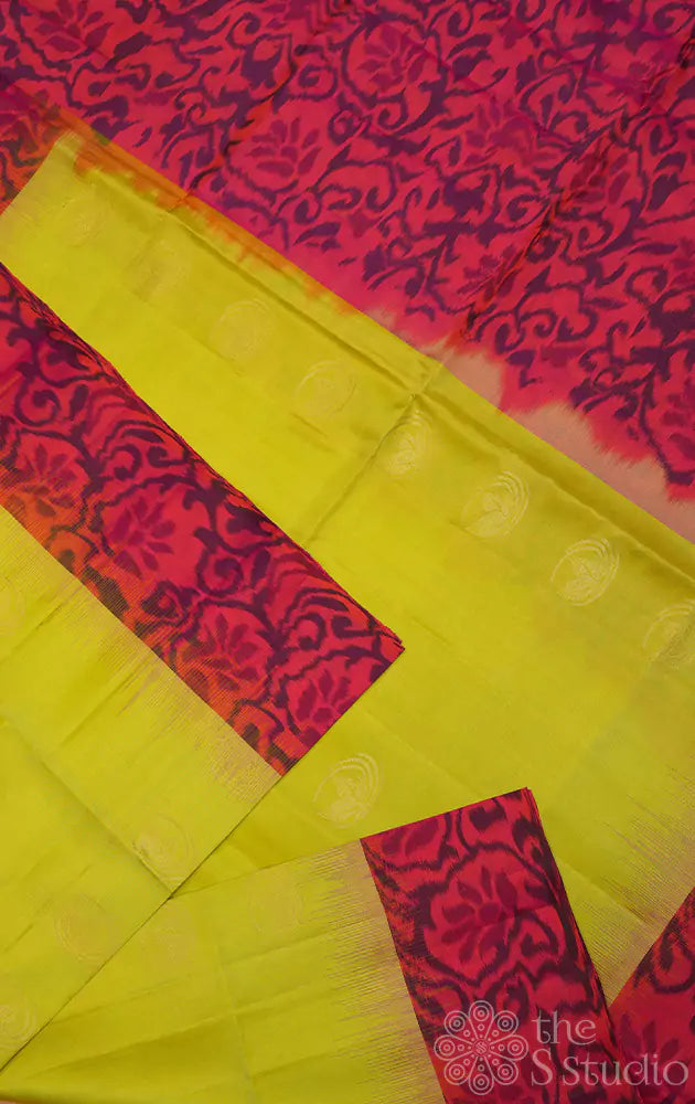 Lime green soft silk saree with peach ikkat woven border