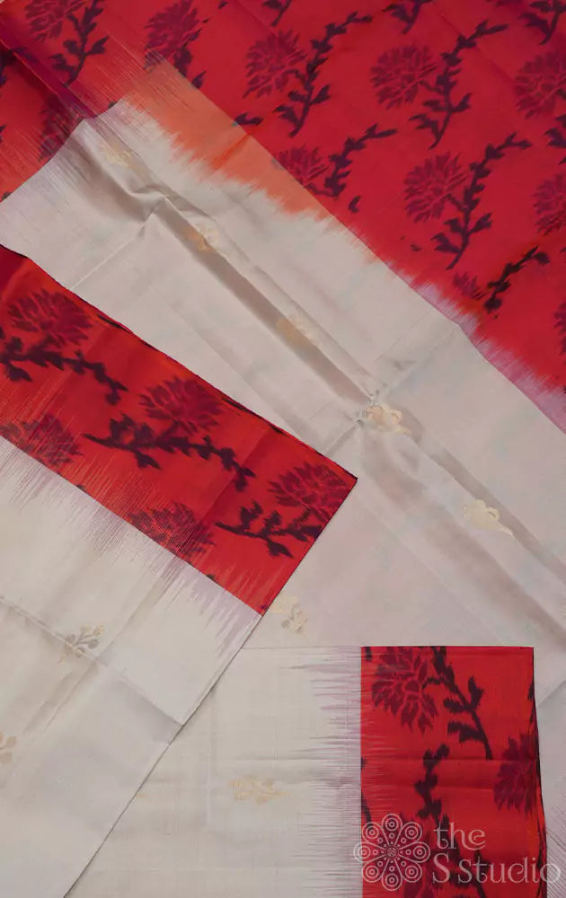 Beige soft silk saree with red ikkat woven border