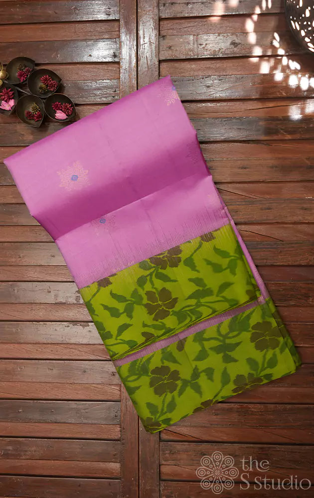 Light pink soft silk saree with green ikkat woven border