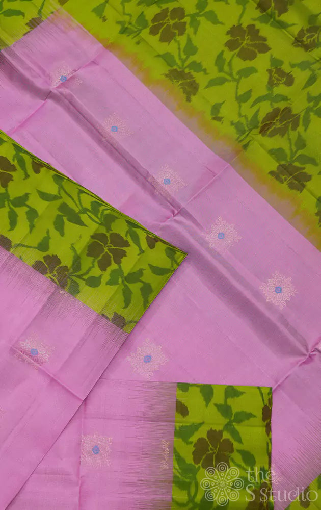 Light pink soft silk saree with green ikkat woven border