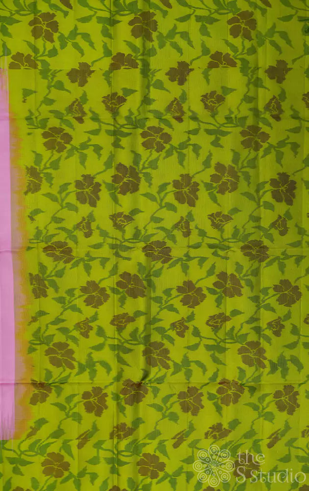 Light pink soft silk saree with green ikkat woven border