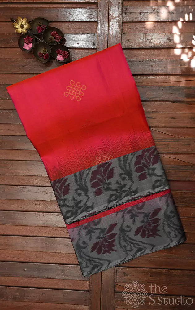 Reddidh peach soft silk saree with grey ikkat woven border