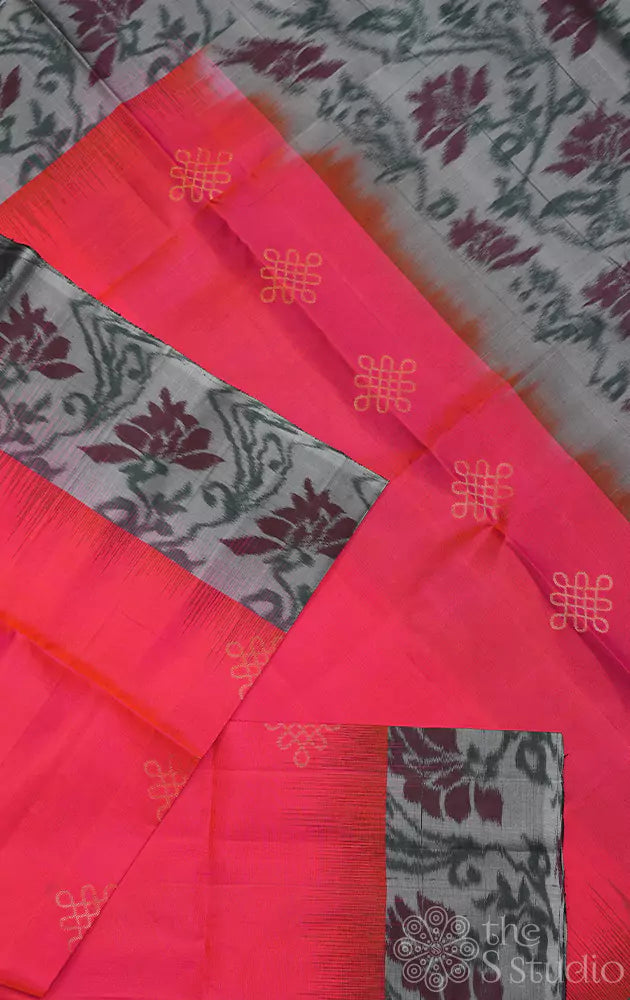 Reddidh peach soft silk saree with grey ikkat woven border