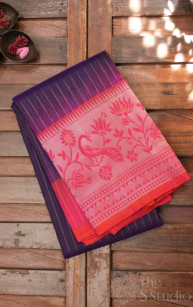 Violet soft silk saree with peach border