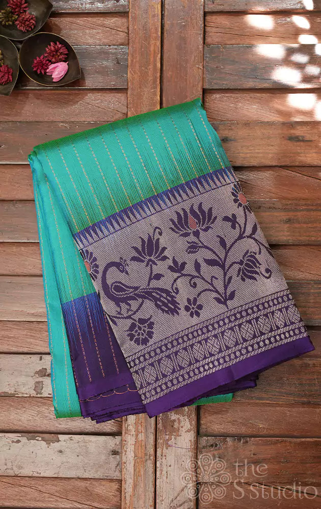 Sea green soft silk saree with paithani border